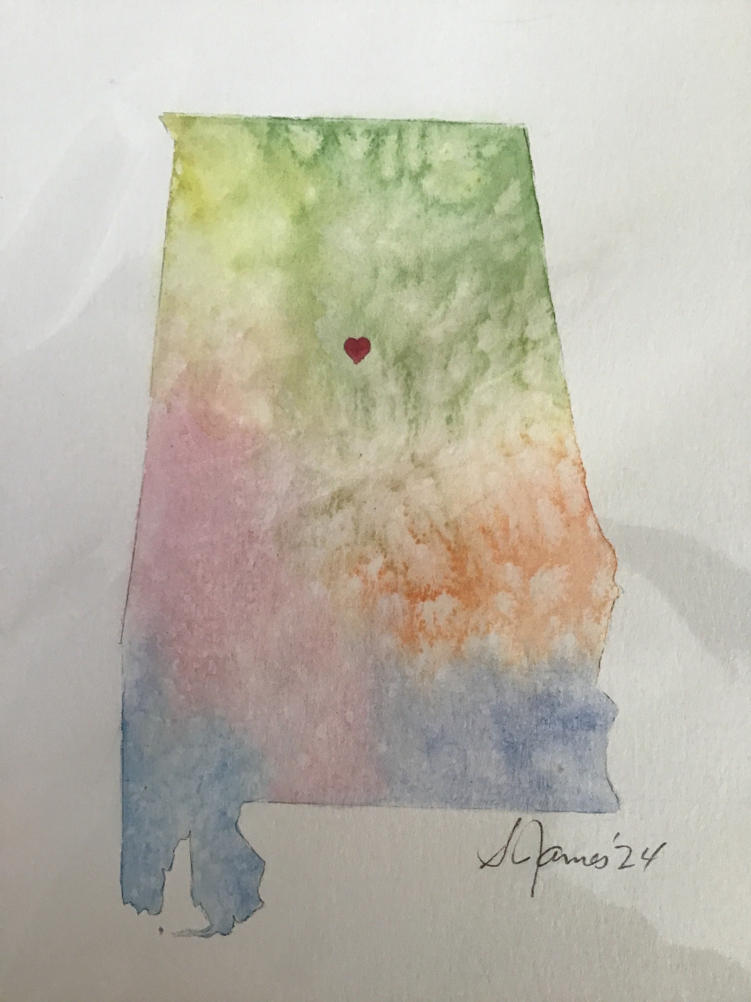 Susie James Watercolor State of Alabama with Heart Art Print