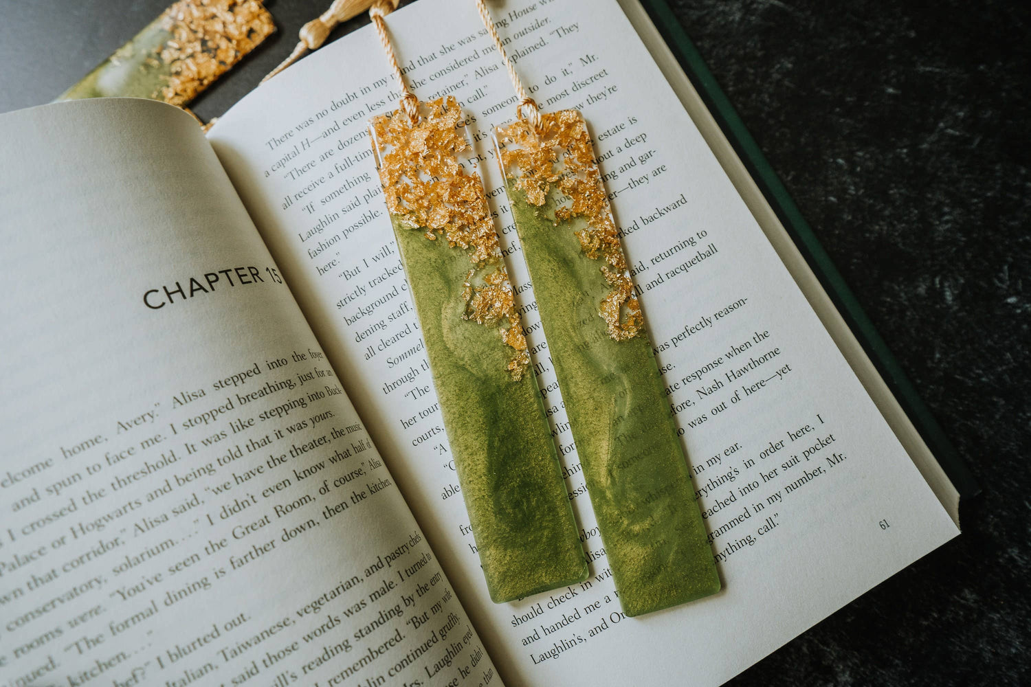 Olive Green &amp; Gold Resin Bookmark